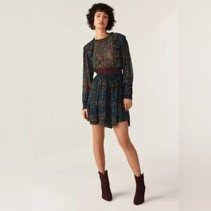 Ba&sh Presly Mini Dress Blue Floral Printed Ruffle Frill Smocked Sz 4 (S)